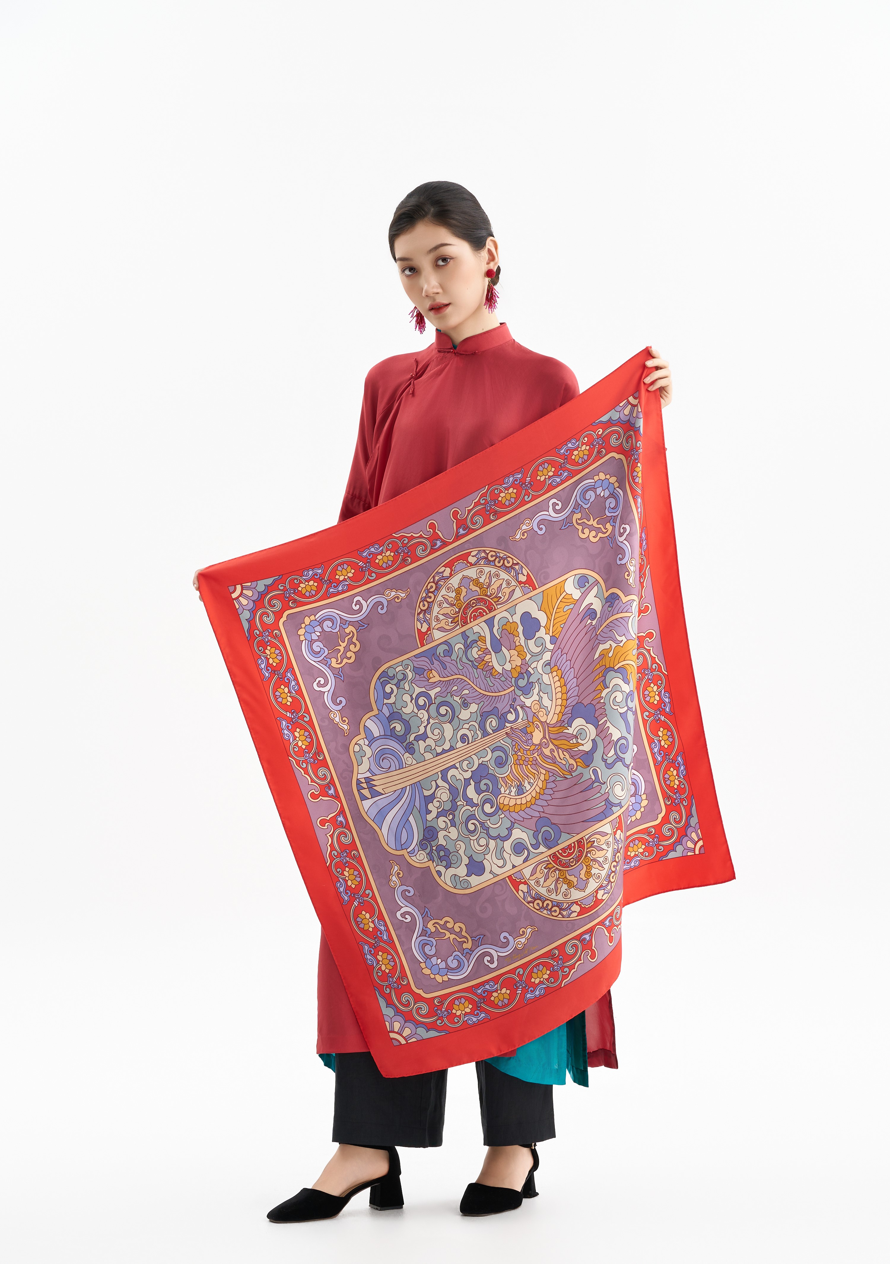 Khăn lụa Phượng Ảnh Lưu Vân/ Đỏ Son/ Size 90x90