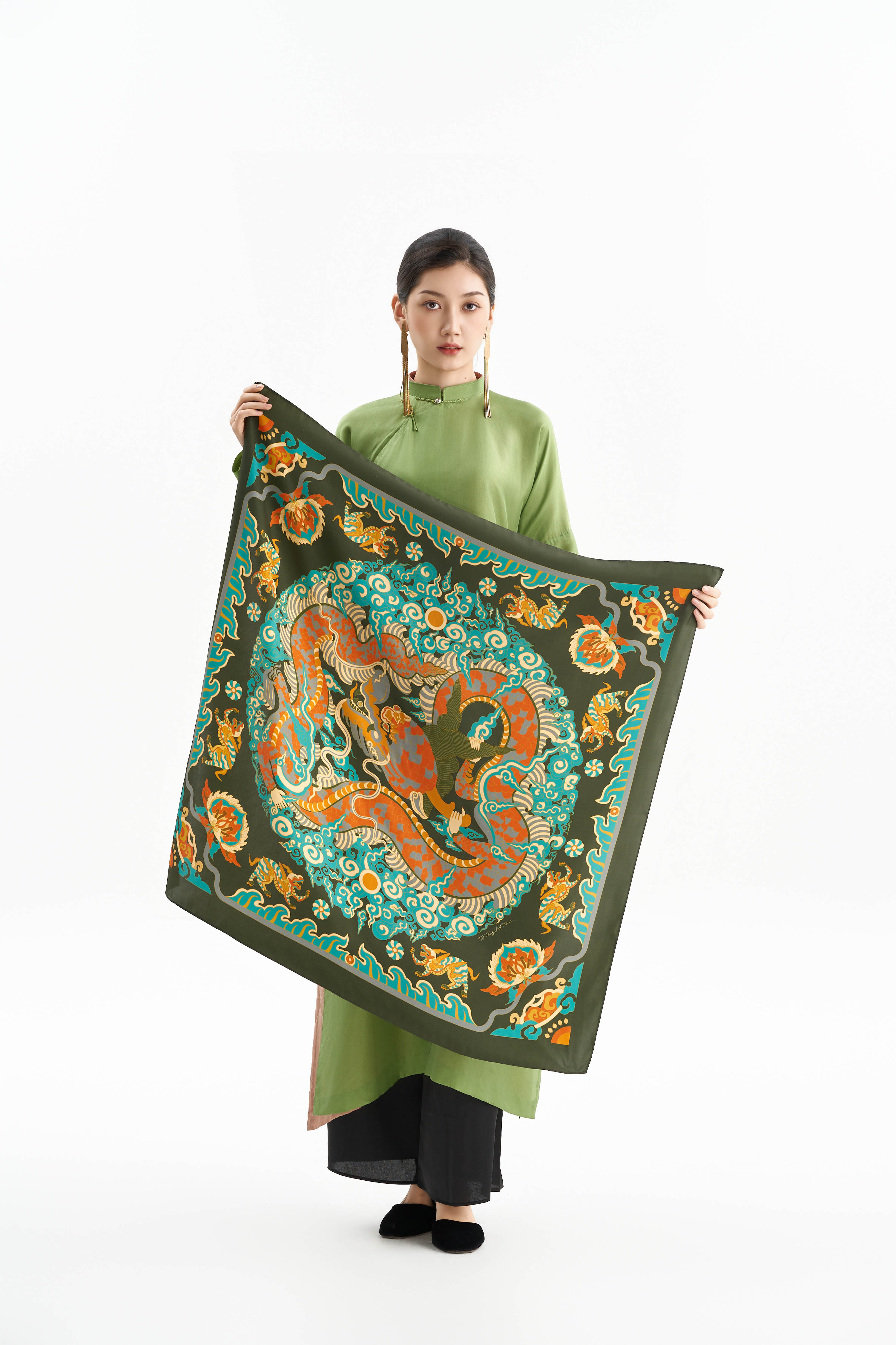 Khăn lụa Long Sàng An Miên/ Xanh Rêu/ Size 90x90