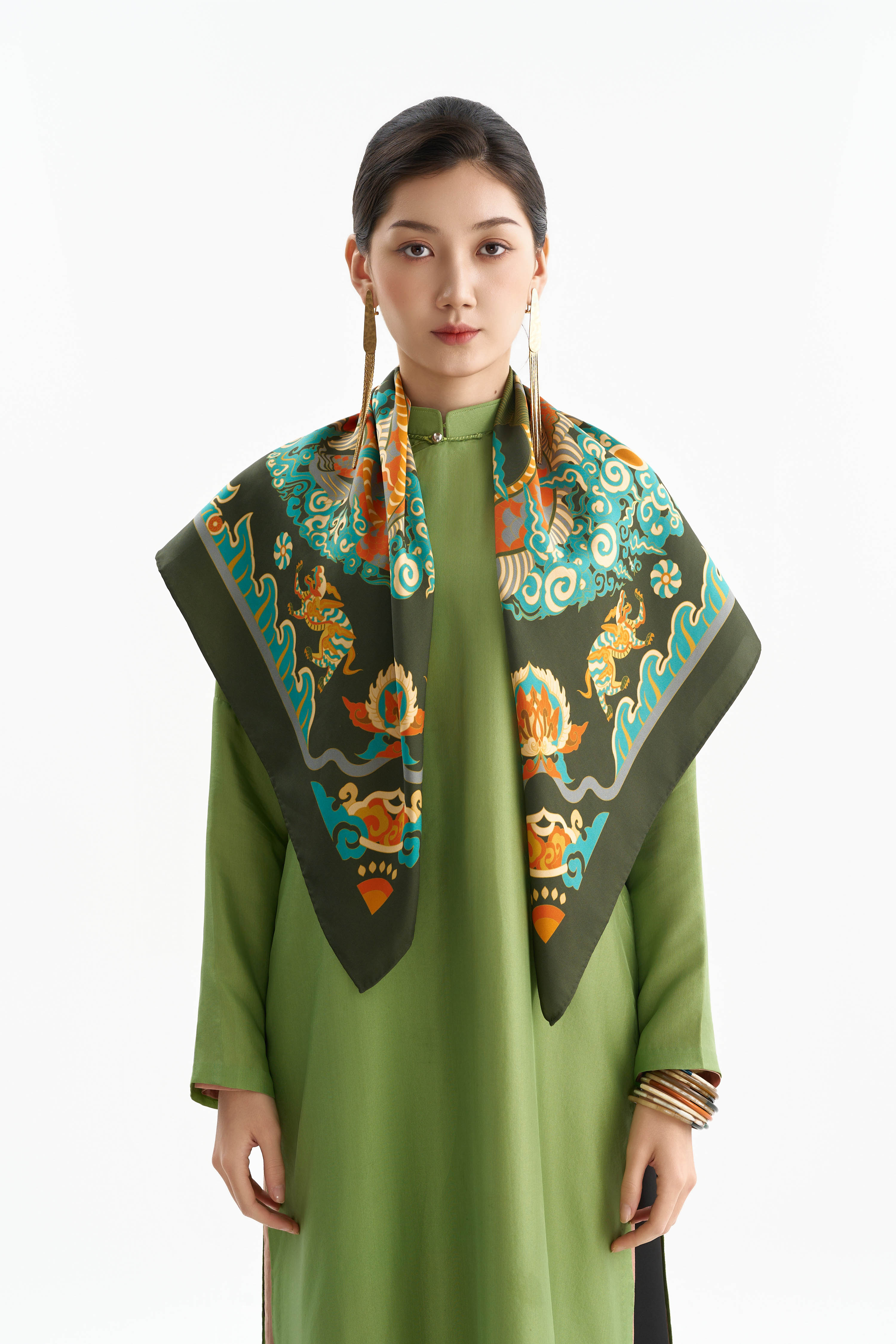 Khăn lụa Long Sàng An Miên/ Xanh Rêu/ Size 90x90