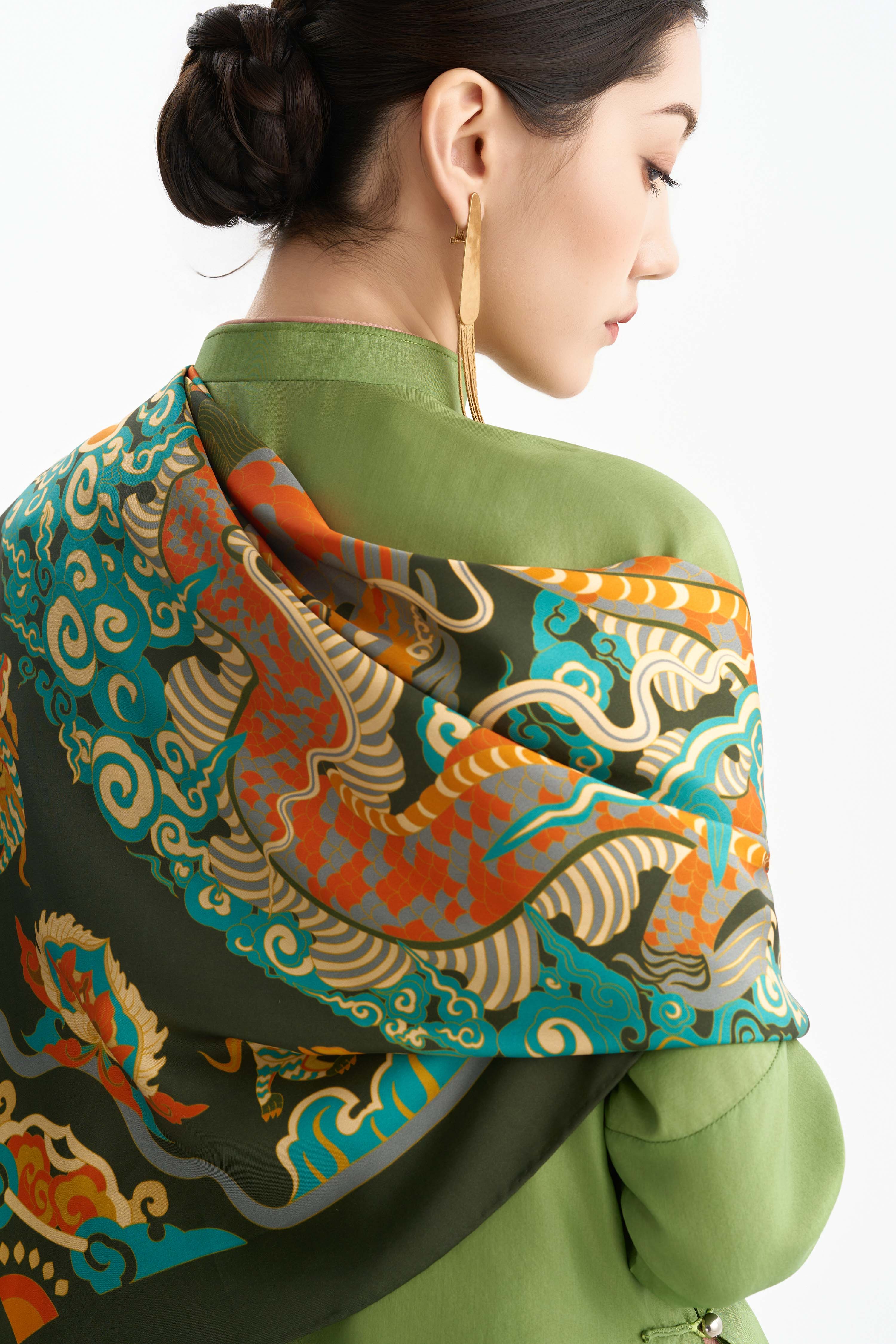 Khăn lụa Long Sàng An Miên/ Xanh Rêu/ Size 90x90