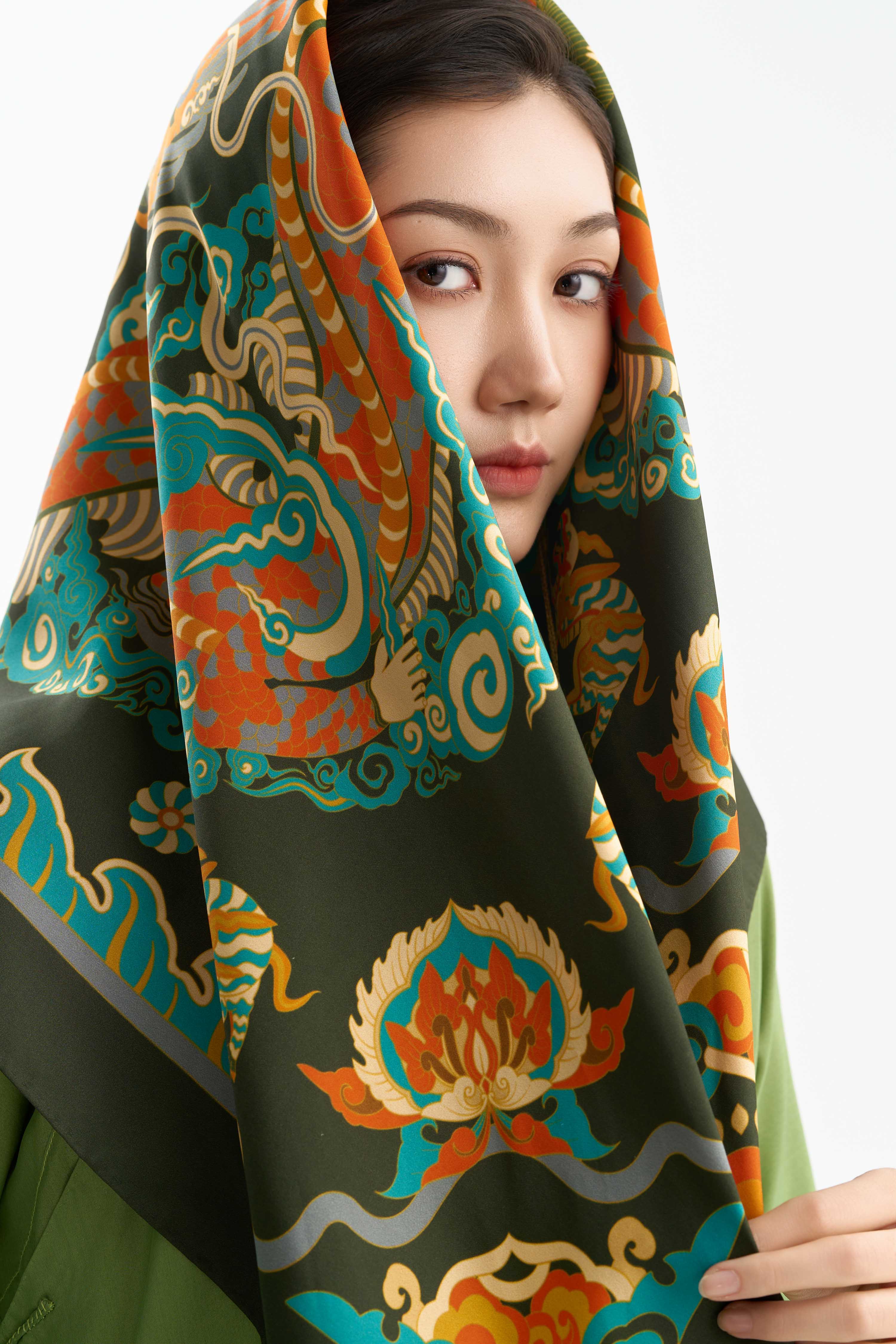 Khăn lụa Long Sàng An Miên/ Xanh Rêu/ Size 90x90 