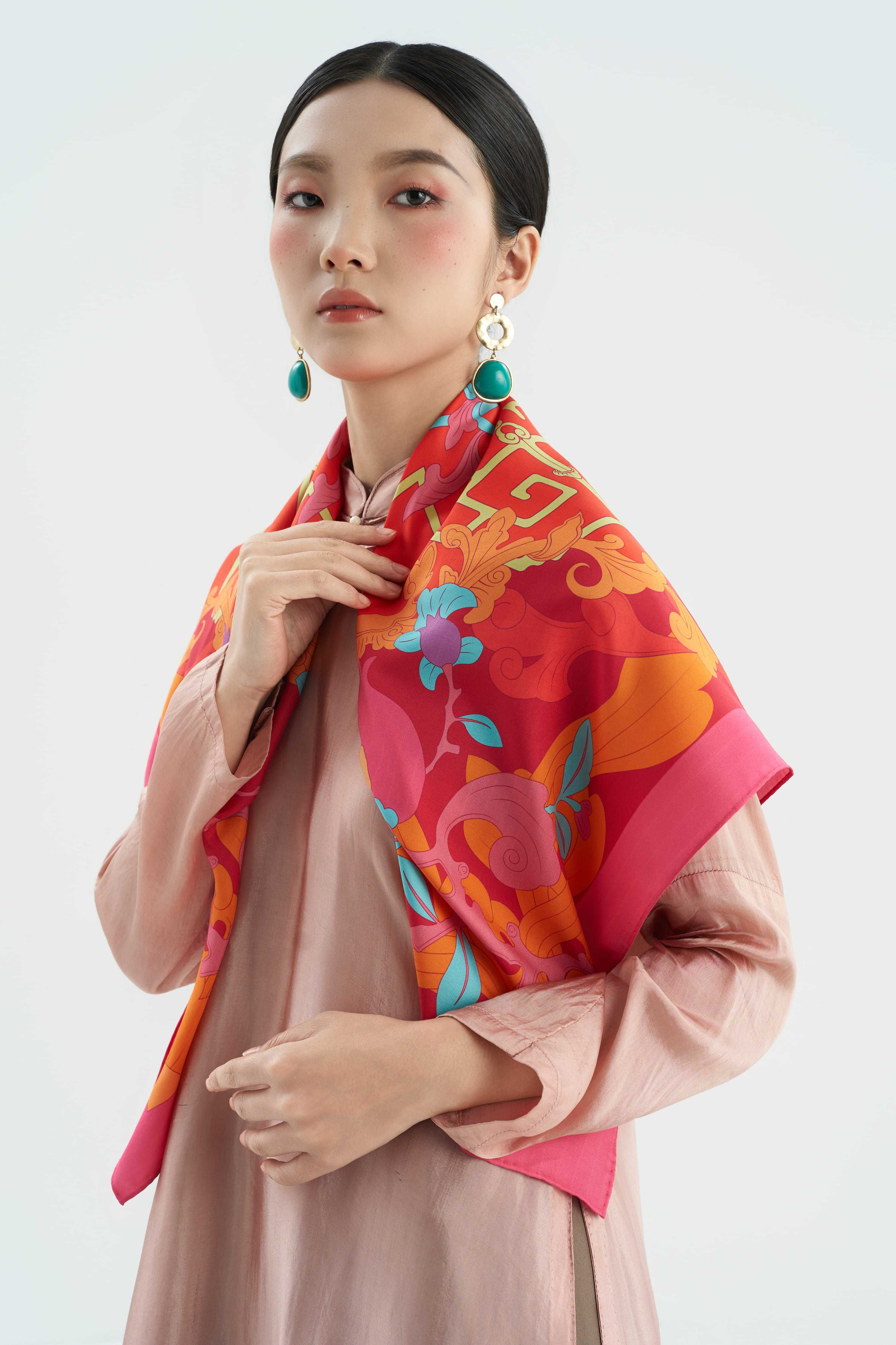 Khăn lụa Thạch Lựu Khai Hoa/ Hồng/ Size 90x90