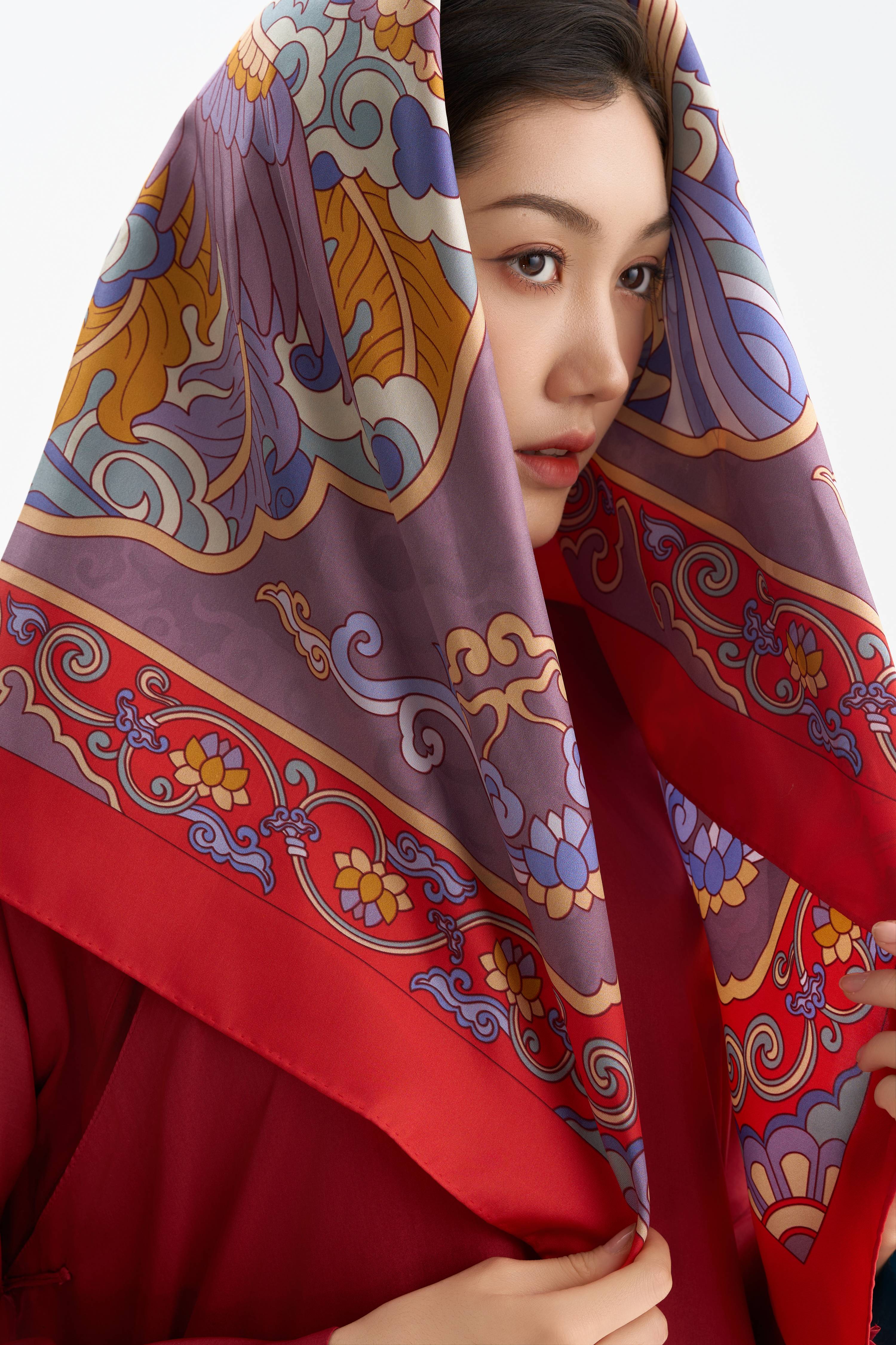 Khăn lụa Phượng Ảnh Lưu Vân/ Đỏ Son/ Size 90x90