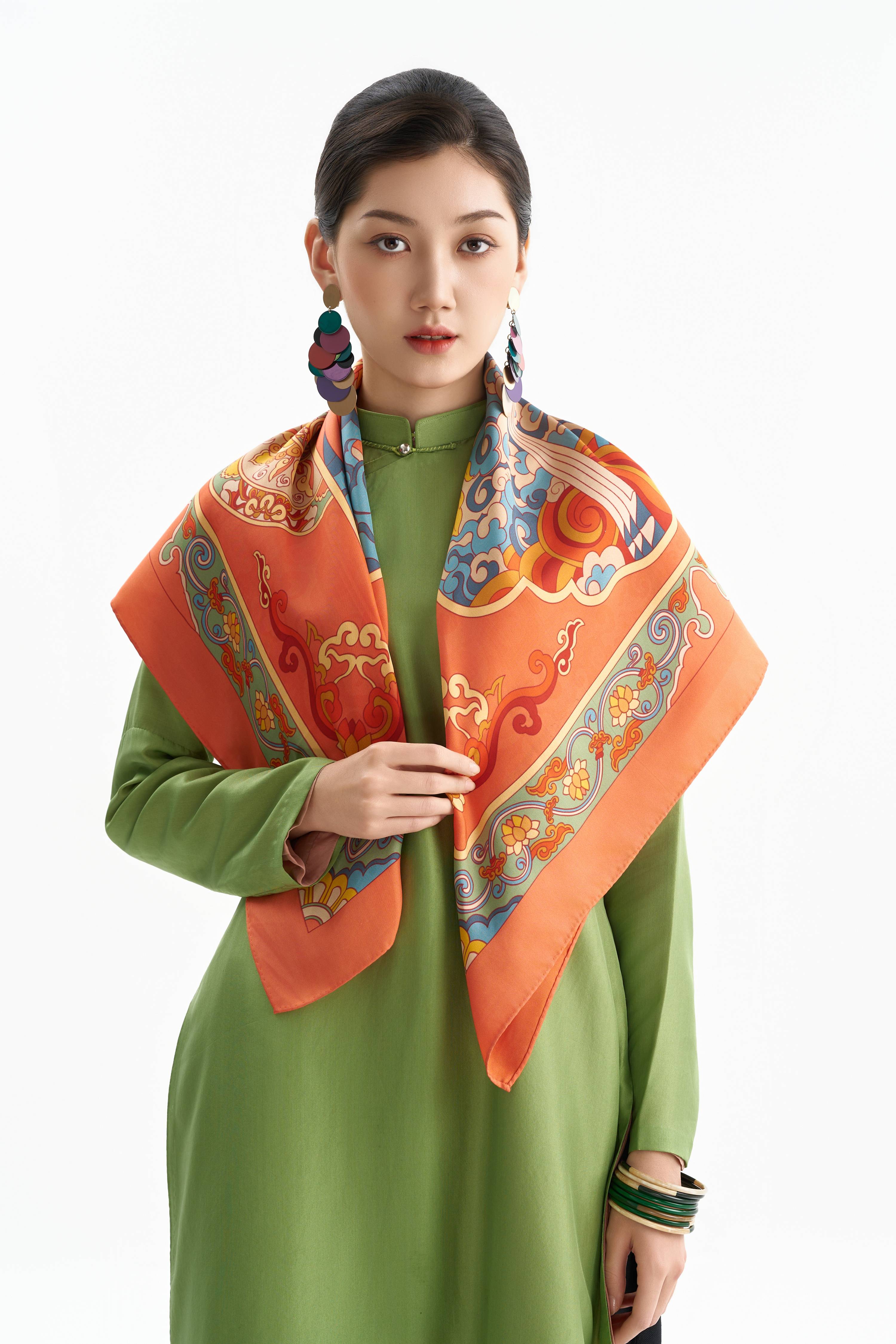 Khăn lụa Phượng Ảnh Lưu Vân/ Cam Đào/ Size 90x90