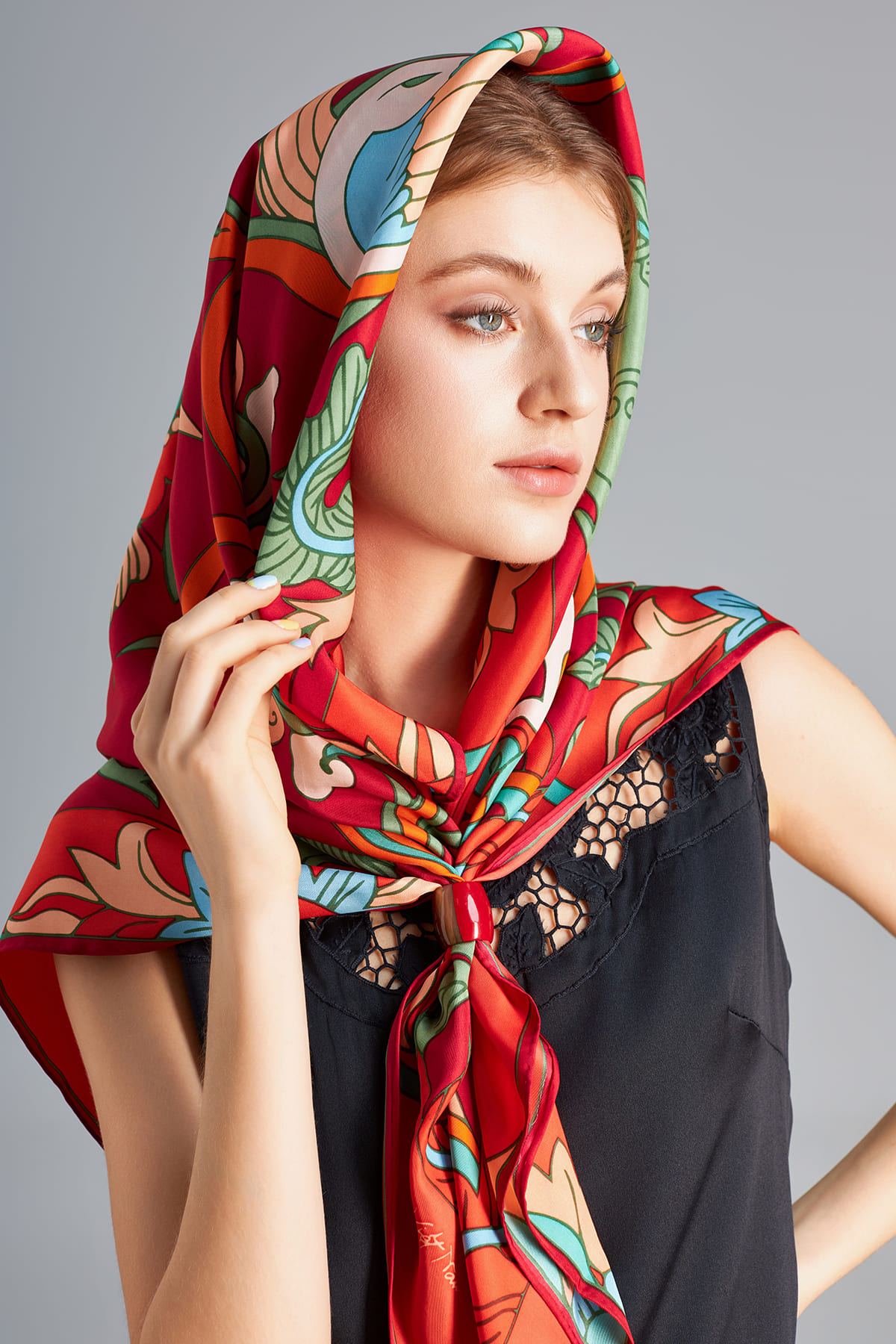 Khăn lụa Phượng Điểu/ Đỏ/ Size 65x65