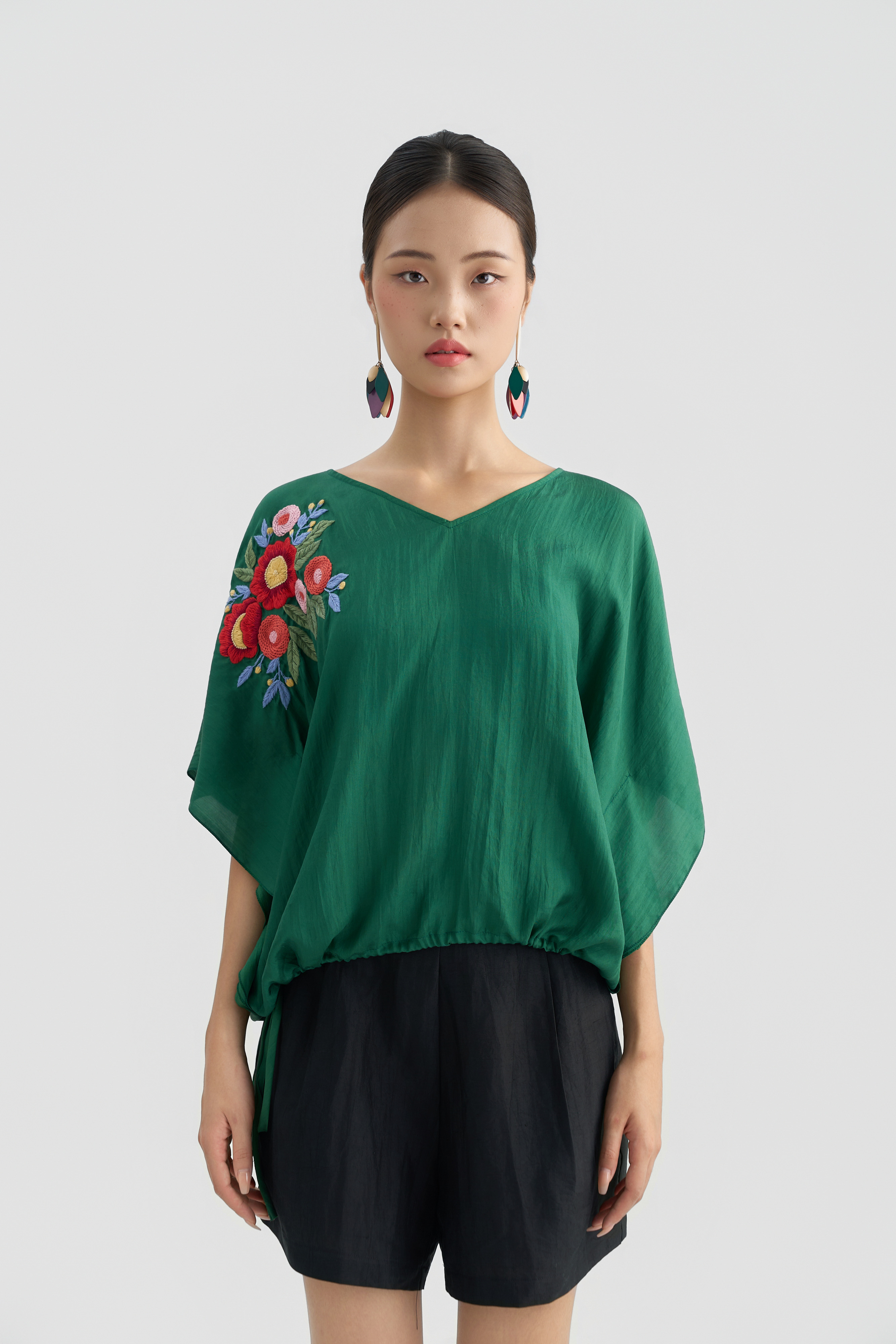 Áo Tunic Thêu Hoa/ Xanh