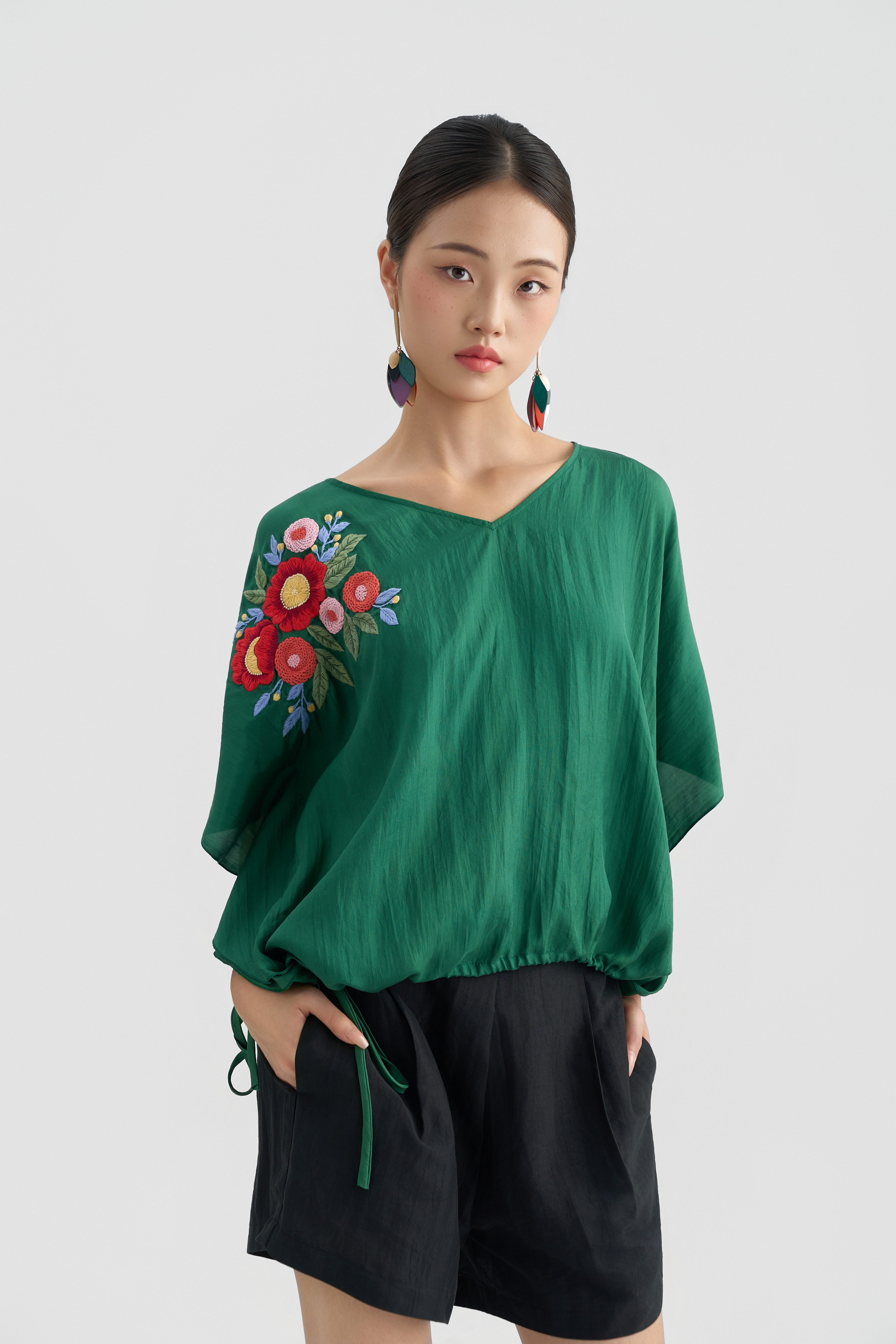Áo Tunic Thêu Hoa/ Xanh