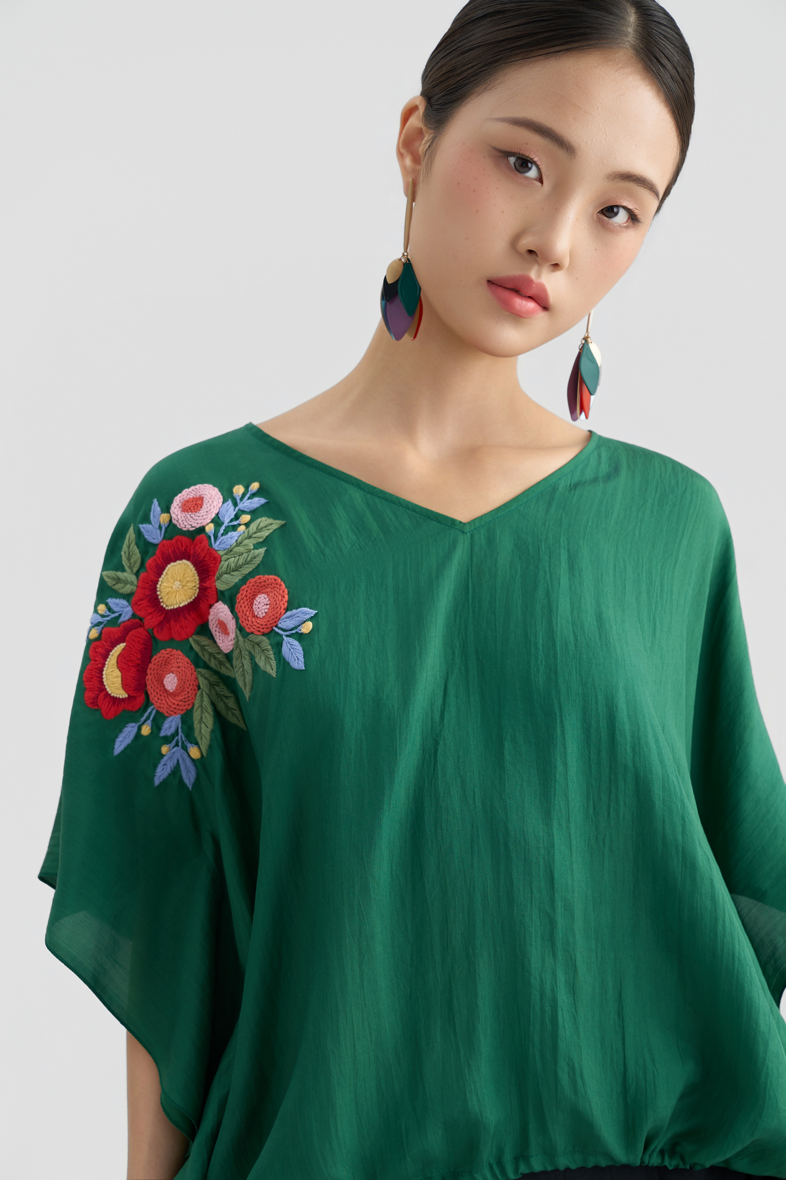 Áo Tunic Thêu Hoa/ Xanh