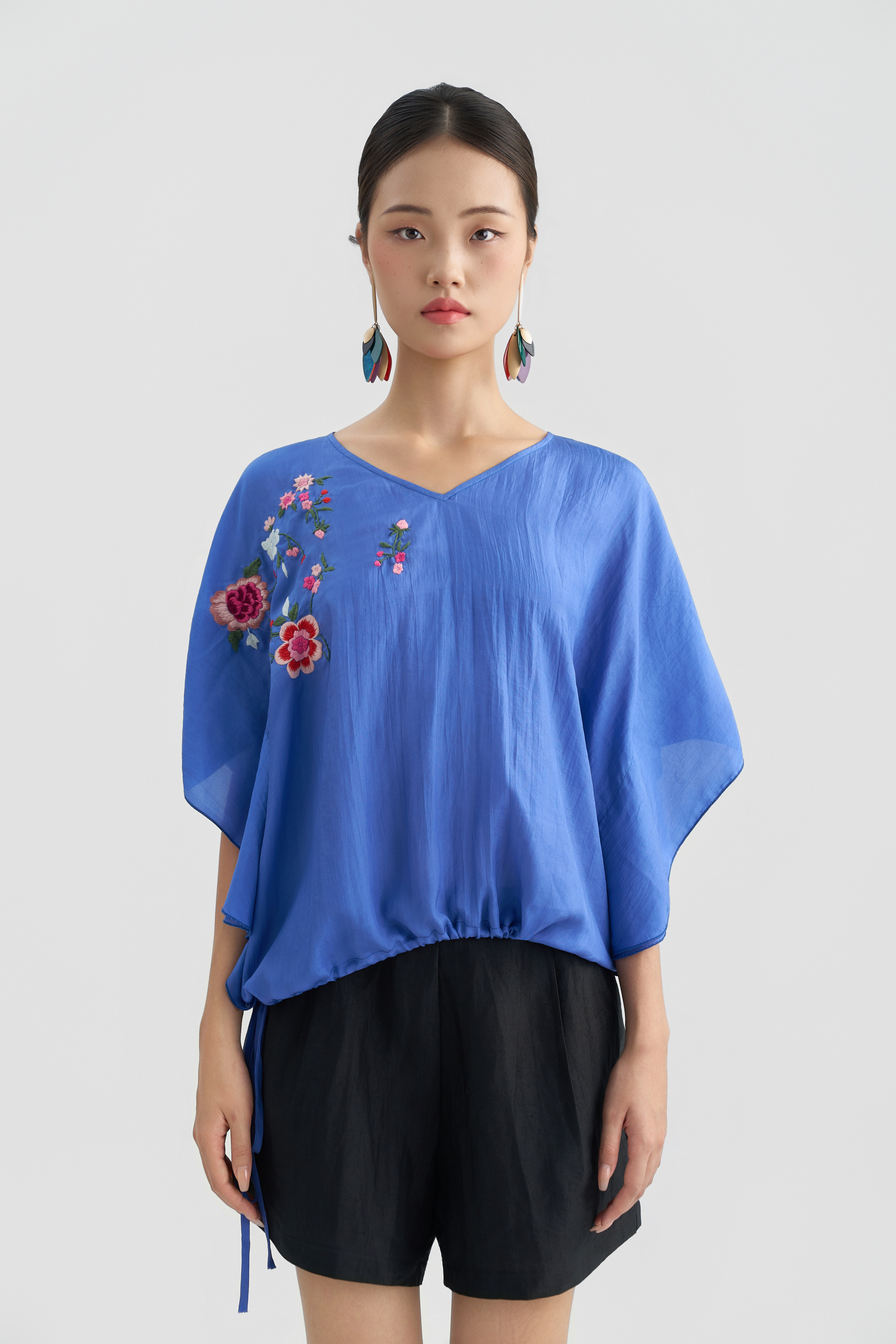 Áo Tunic Thêu Hoa/ Xanh tím