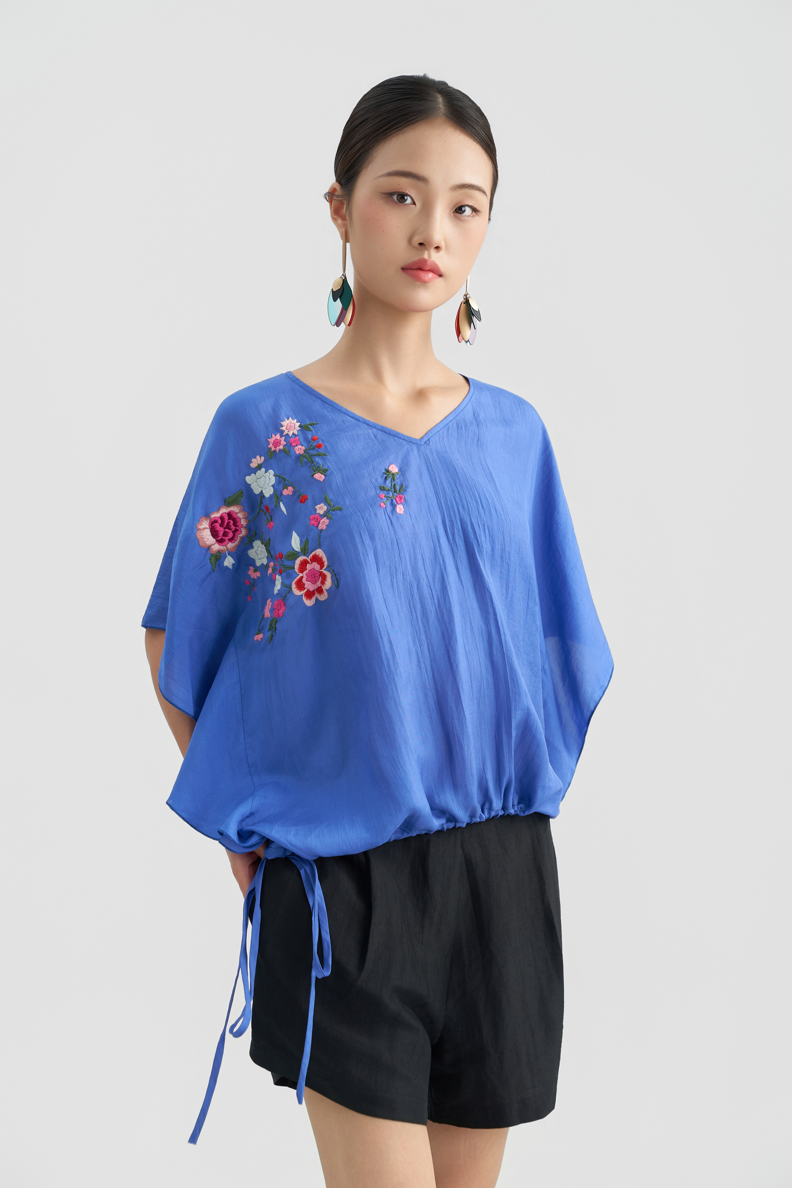 Áo Tunic Thêu Hoa/ Xanh tím