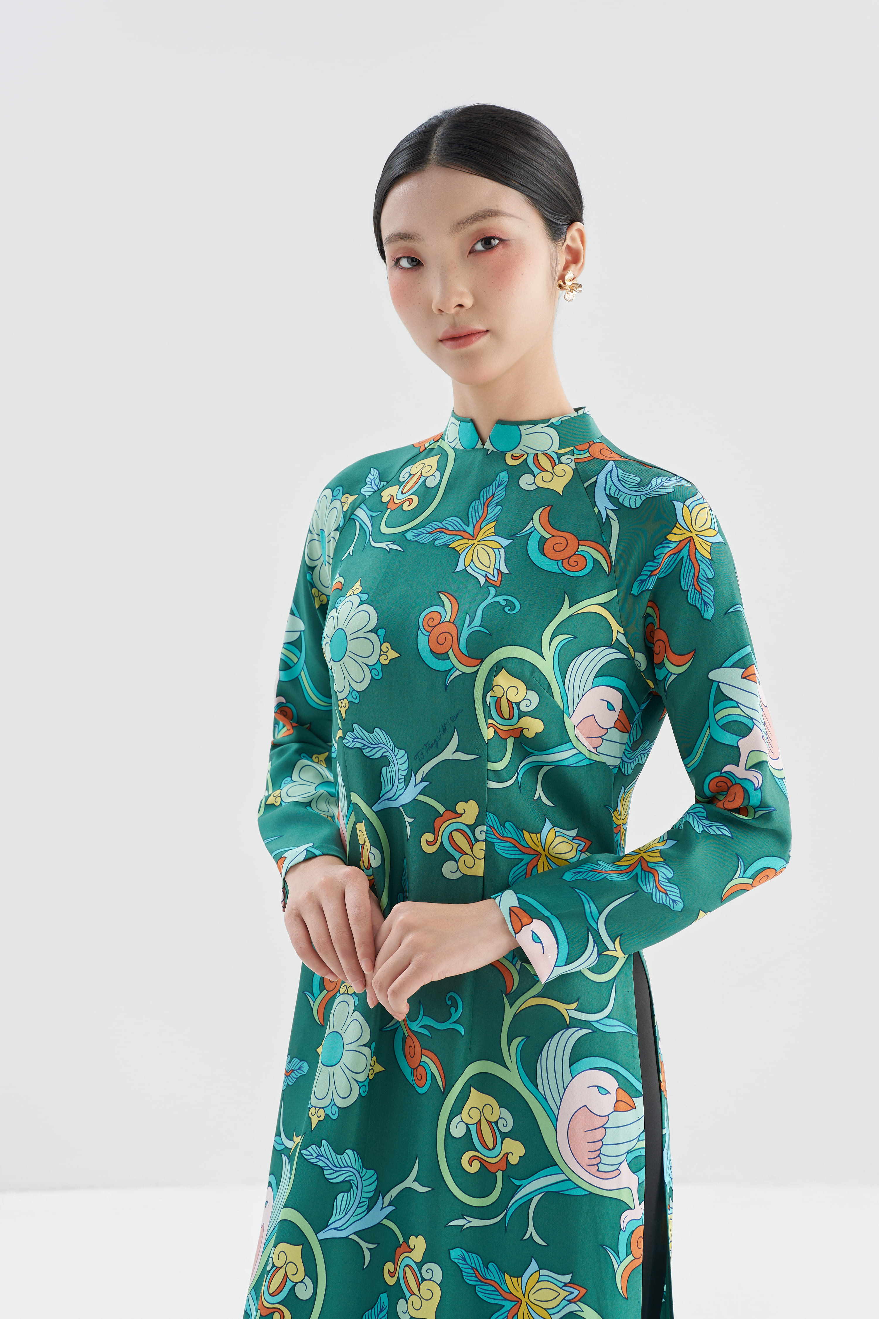 Áo dài lụa Phượng Điểu/ Xanh Lá
