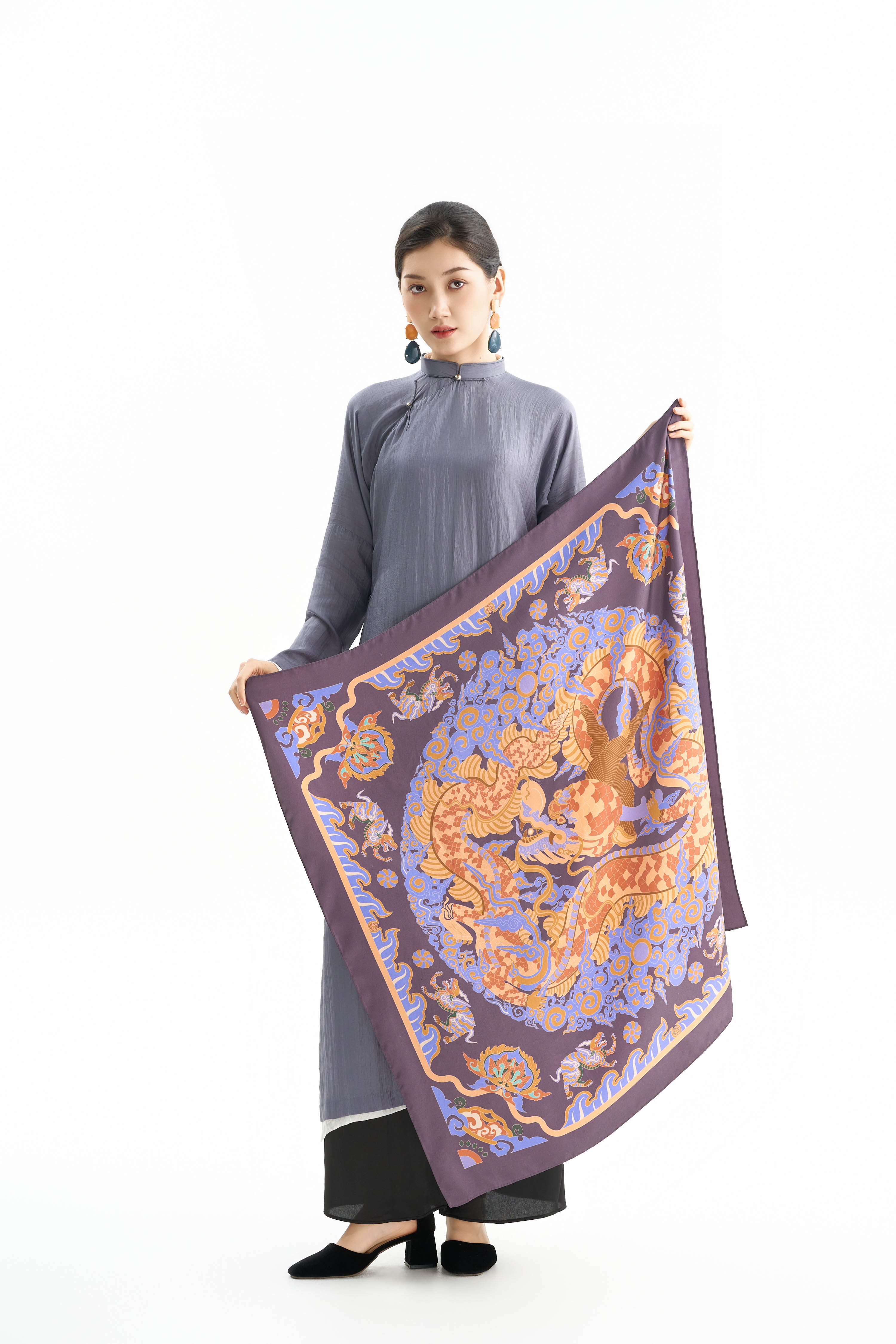 Khăn lụa Long Sàng An Miên/ Tím Khói/ Size 90x90