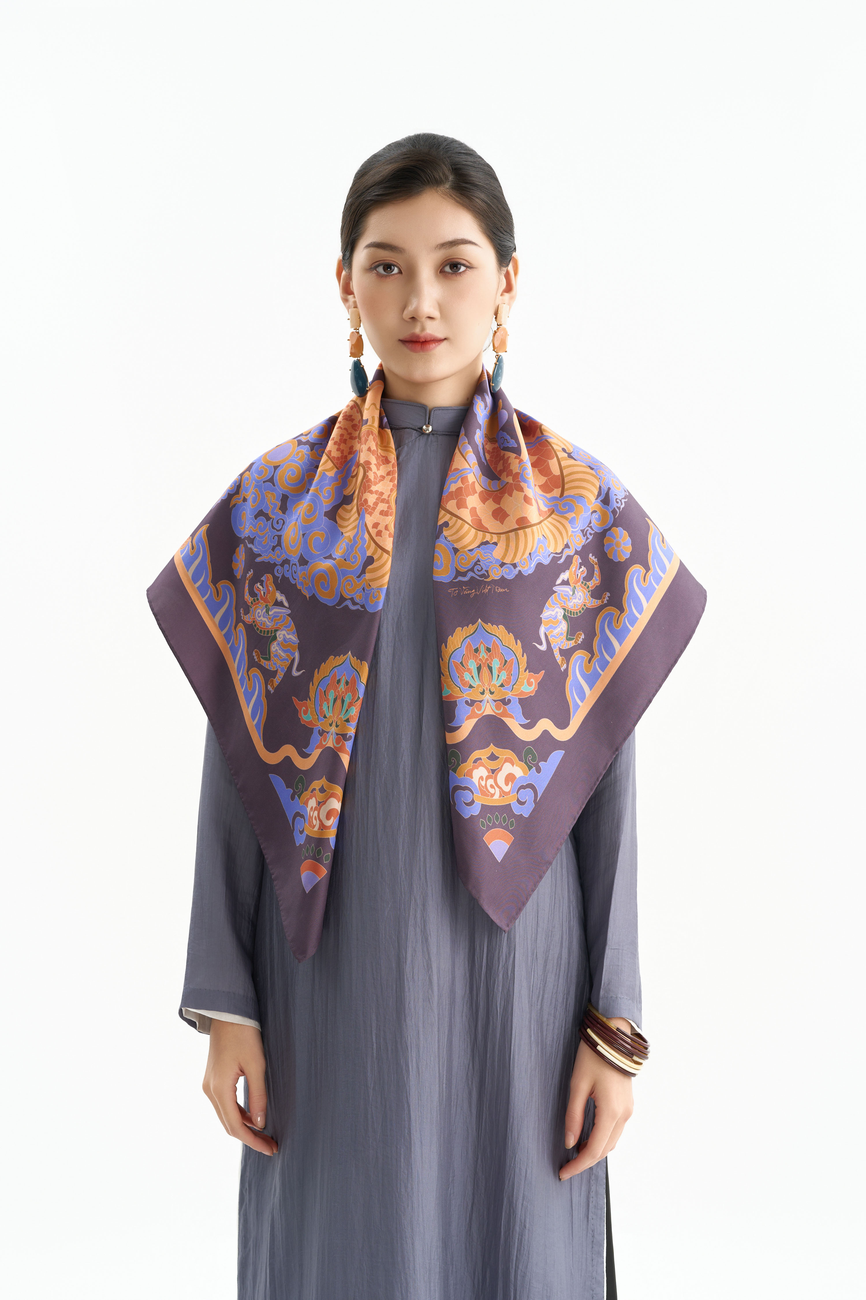 Khăn lụa Long Sàng An Miên/ Tím Khói/ Size 90x90