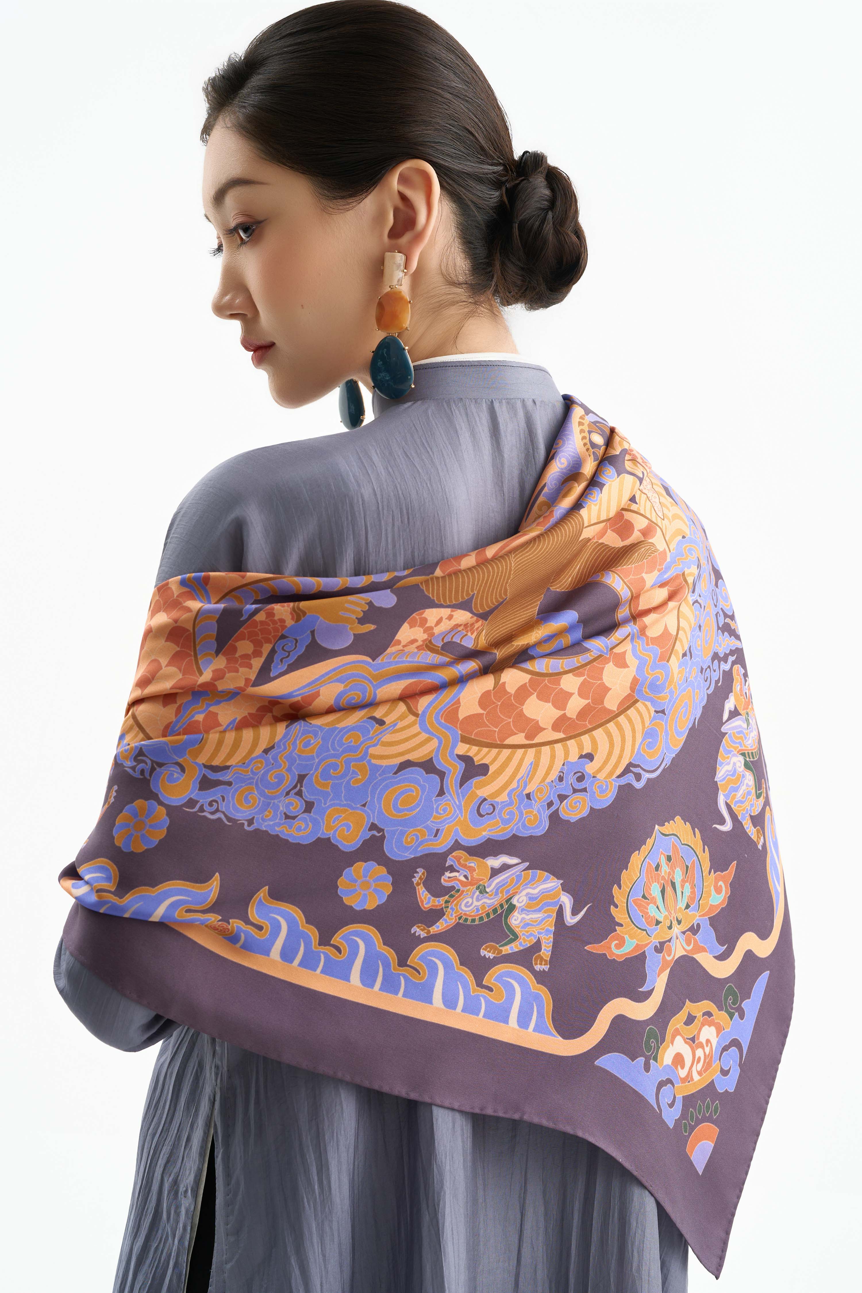 Khăn lụa Long Sàng An Miên/ Tím Khói/ Size 90x90