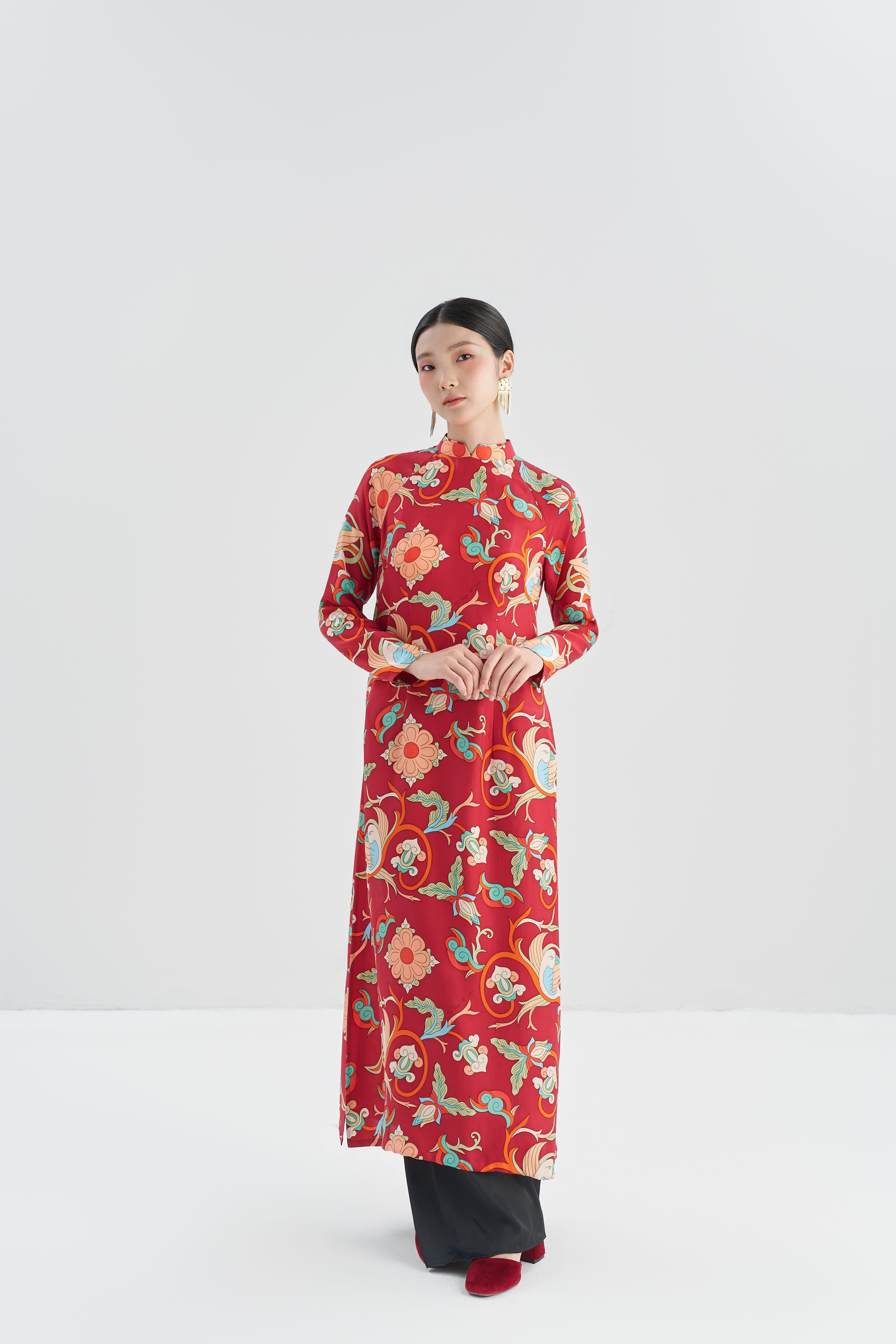 Áo dài lụa Phượng Điểu/ Đỏ