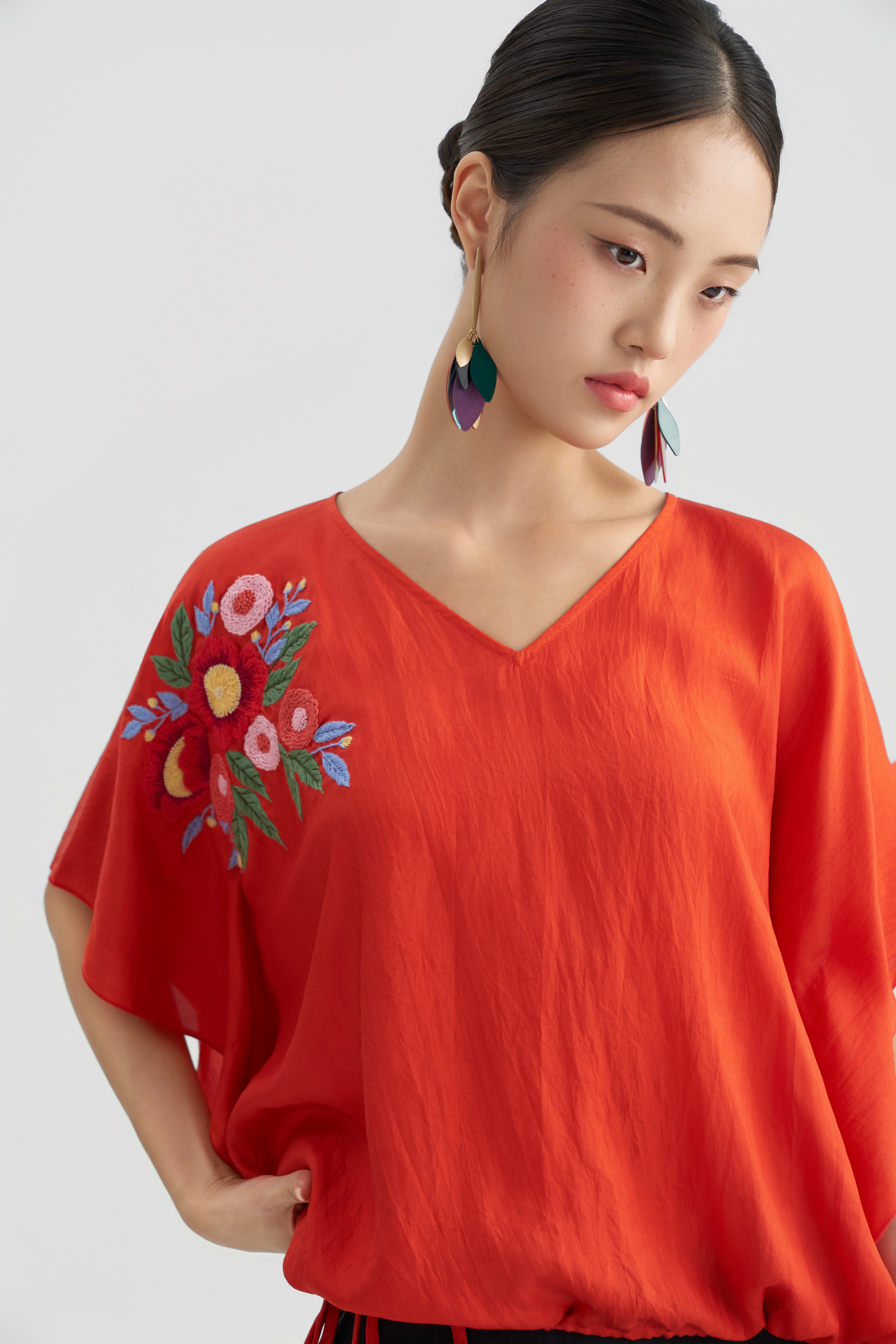 Áo Tunic Thêu Hoa/ Cam